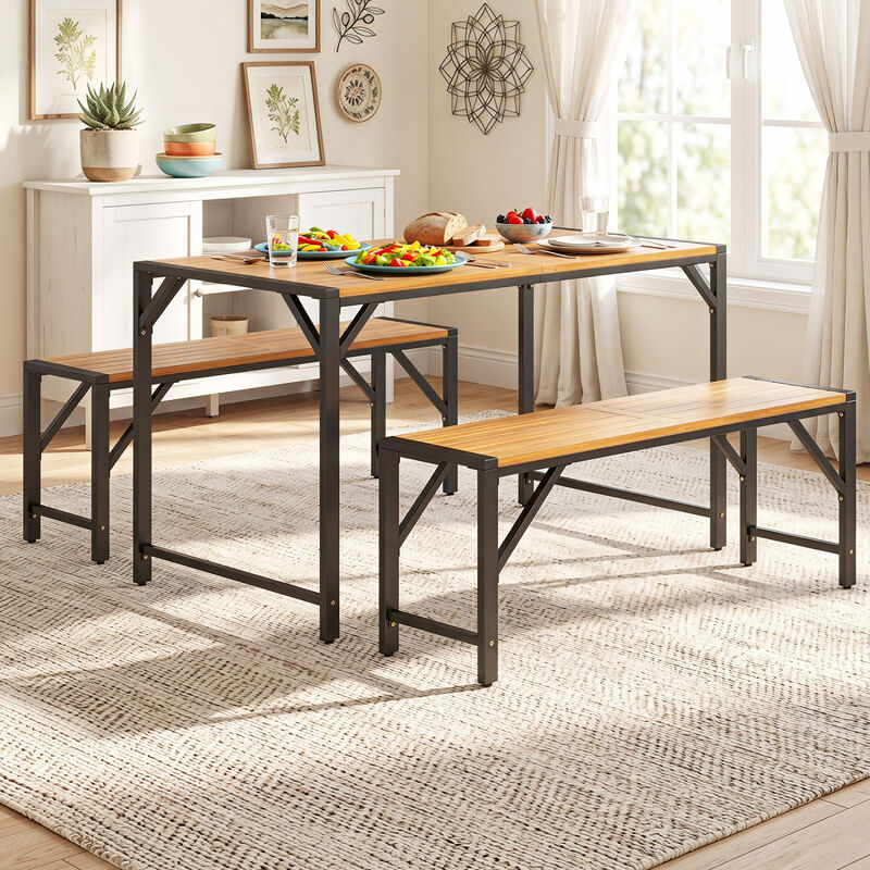 Acacia Wood Patio Dining Table with Umbrella Hole and Metal Support for Backyard-Natural image number 1
