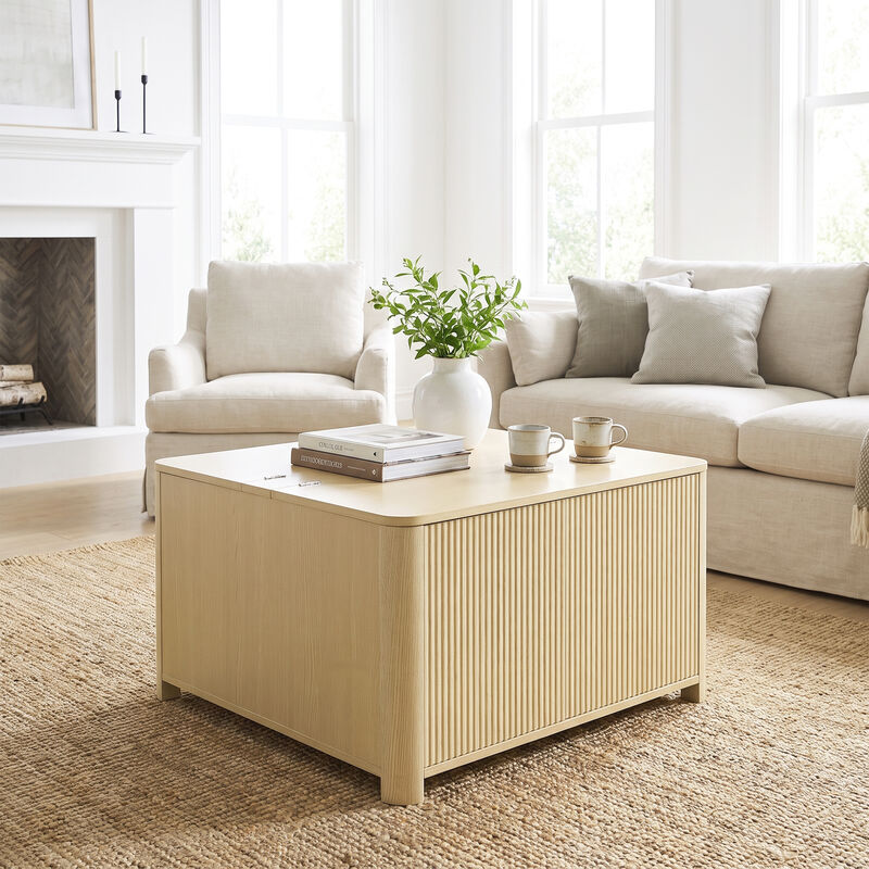 32" Modern Natural Wood Light Oak Fluted Square Coffee Table with Flip Top Hidden Storage image number 4