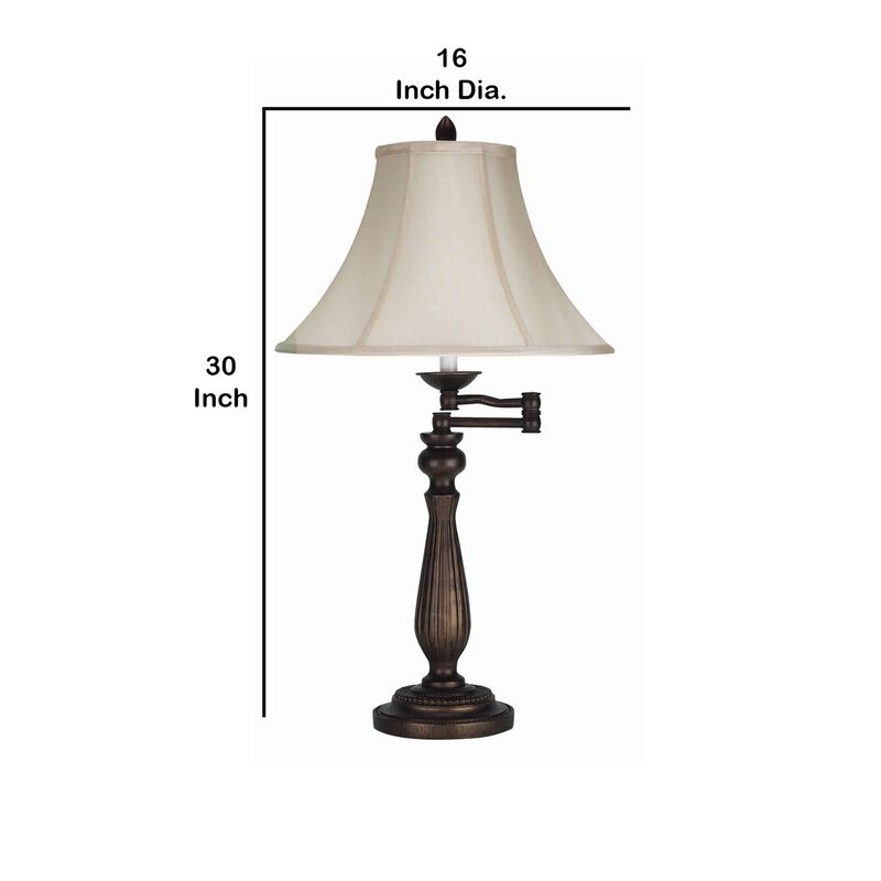 Swing Arm Metal Body Table Lamp with Fabric Bell Shade, Bronze and Beige - Benzara