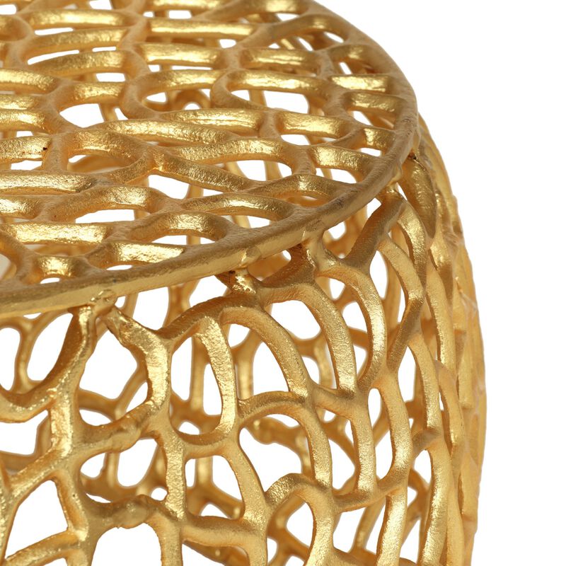 Coffee Table, 28 Inch Round Plinth Mesh Design, Open Gold Metal Frame