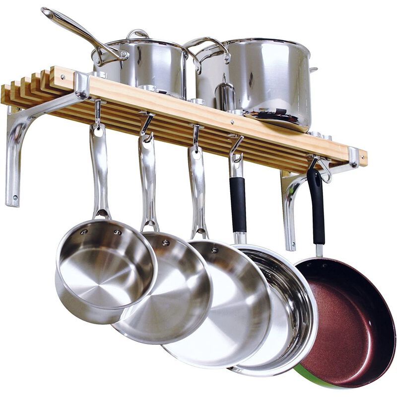 Farmhouse Style Wall Mounted Wooden Pot Rack with 6 Hooks for Pans and Tools