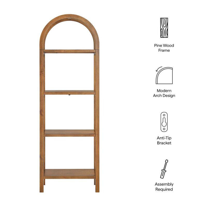 Modway Vexley 72 Inch Tall Narrow Arched Bookshelf in Walnut &ndash; Modern Pine and Acacia Wood Open Display Bookcase for Living Room, Office, Reading Nook image number 3