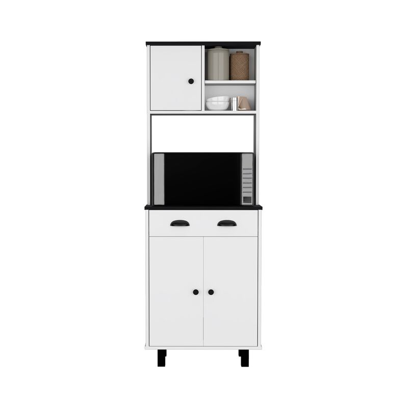 Kitchen Pantry 67" H, Two Cabinets, Three Doors, Two Open Shelves, One Drawer, Microwave Storage Option, White/Black
