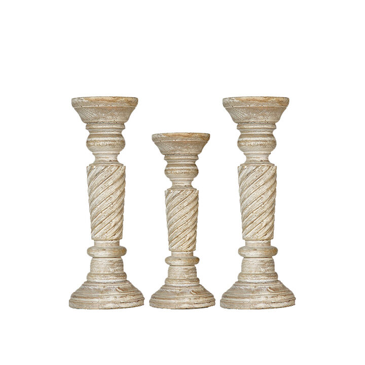 Traditional Antique White Eco-friendly Handmade Mango Wood Set Of Three 12",9" & 12" Pillar Candle Holder BBH Homes