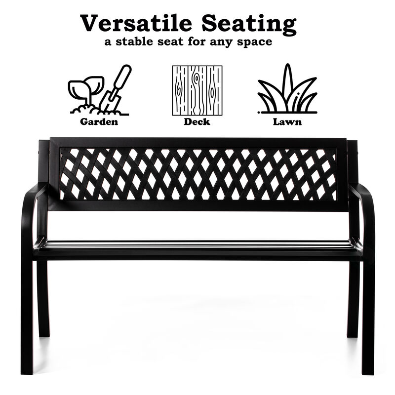 "Gardenised Outdoor Steel 47"" Park Bench for Yard, Patio, Garden and Deck, Black Weather Resistant Porch Bench, Park Seating"