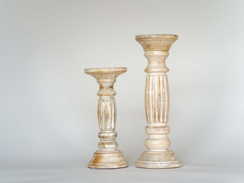 Traditional Antique White Eco-friendly Handmade Mango Wood Set Of Two 6" & 9" Pillar Candle Holder