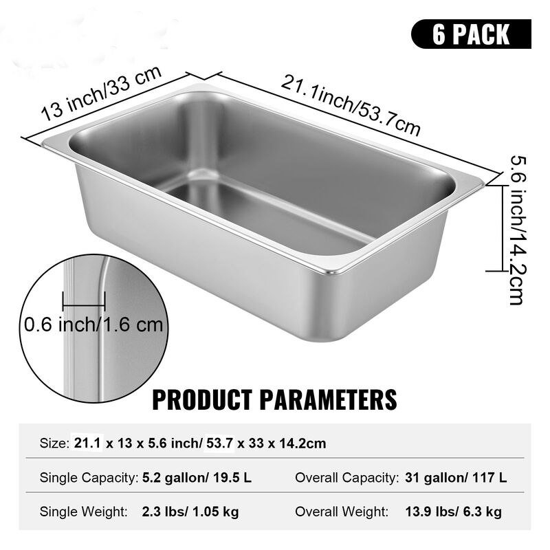 6" Deep Steam Table Pan Full Size 20.5 L/21.7 Quart Stainless Steel Anti-Jam 6 Pack