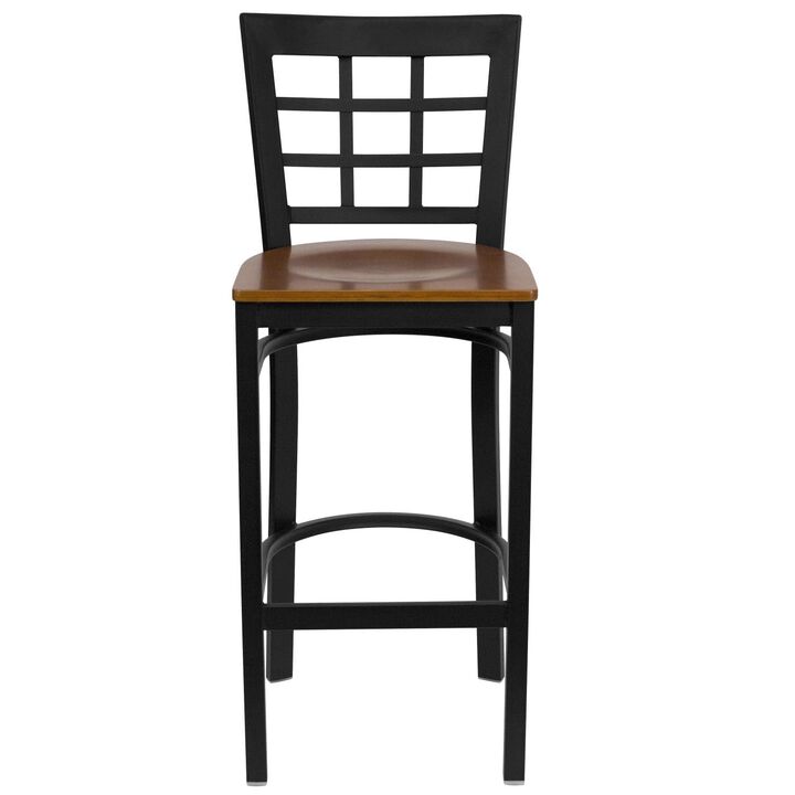 Flash Furniture HERCULES Series Black Window Back Metal Restaurant Barstool - Cherry Wood Seat