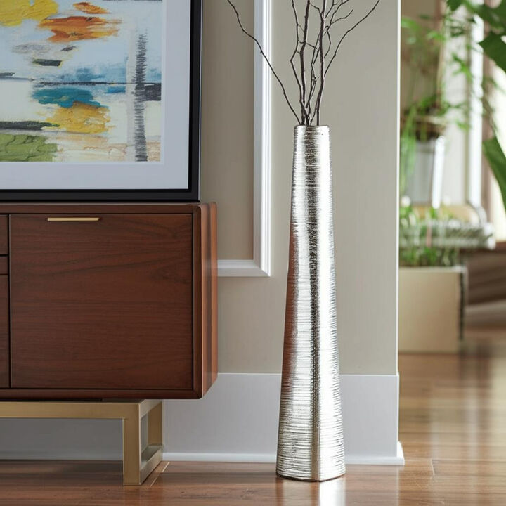 HomeRoots 40" Silver Striped Tapered Ceramic Floor Vase