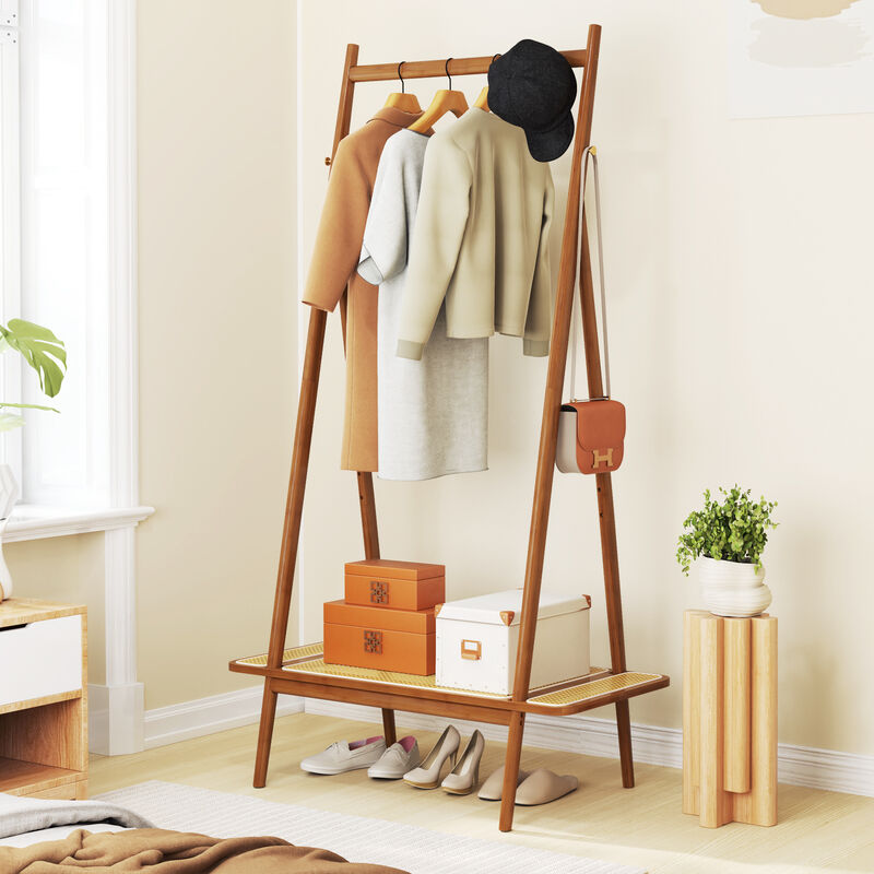 Wicker Storage Rack with Hanging Rod, Rattan Shelf, and Copper Hook Details