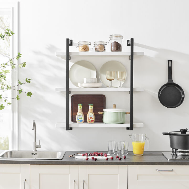 Modern 3-Tier Hanging Bracket Wall Shelves in Black Metal and White Birch Finish