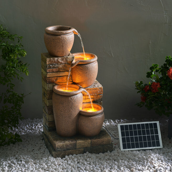 4-Tier Outdoor Solar Water Fountain with LED Lights, Brown