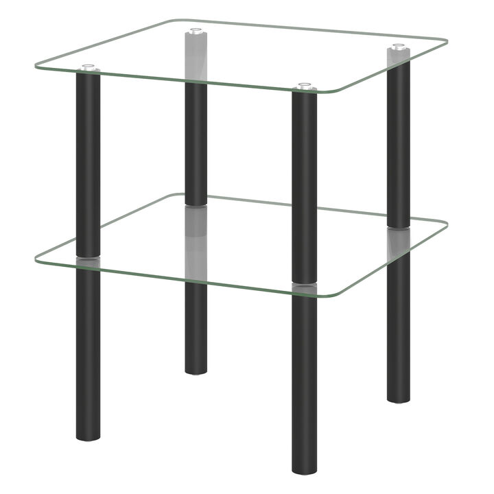 Modern 2-Tier Square End Table with Storage Shelf and Clear Tempered Glass Top