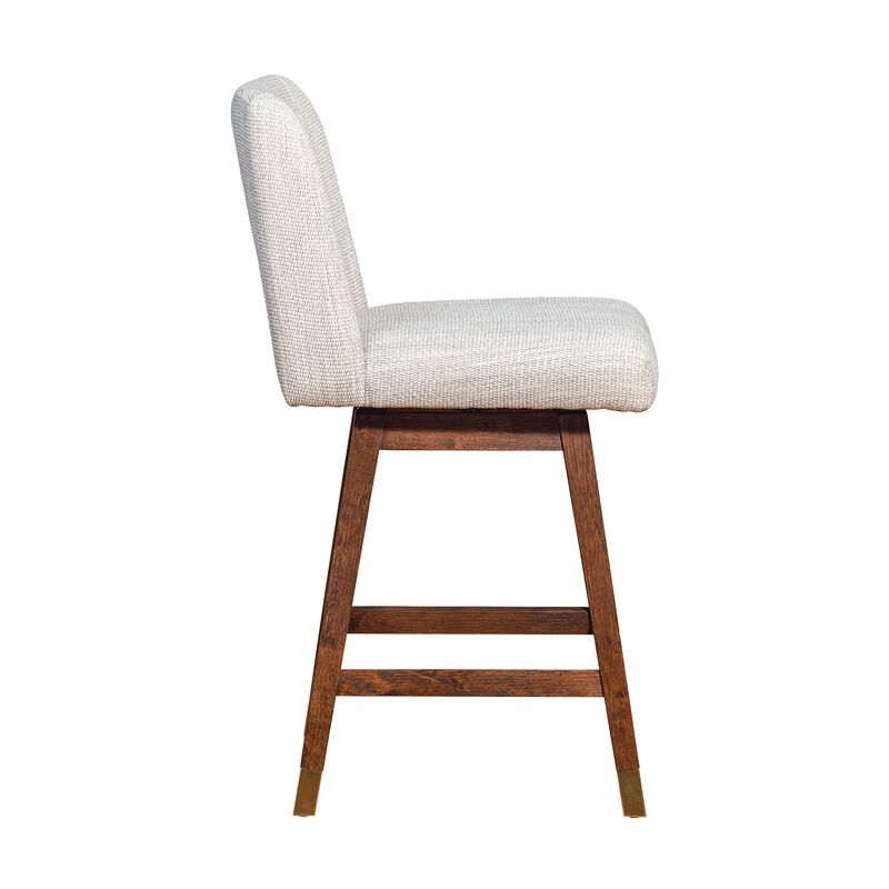 Lia 26 Inch Swivel Counter Stool Chair, Brown Wood Frame, Beige Polyester
