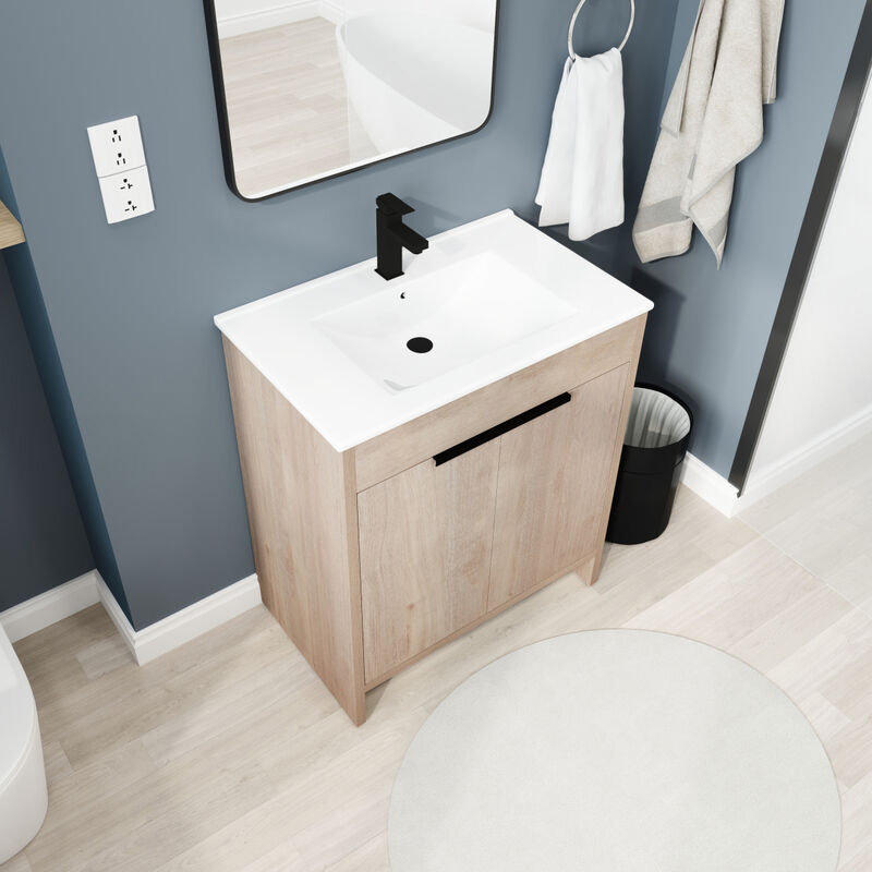 30 Inch Freestanding Bathroom Vanity with White Ceramic Sink & 2 Soft-Close Cabinet Doors (BVB02430PLO-BL9075B)
