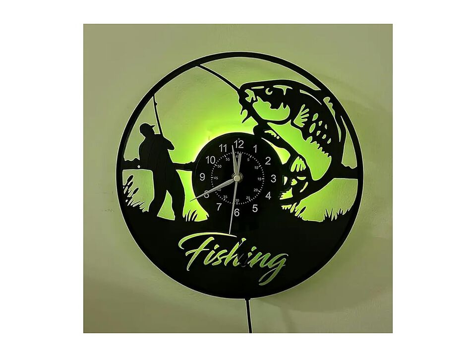 Fisherman LED Digital Vinyl Fishing Scene Wall Clock Silent Non Ticking
