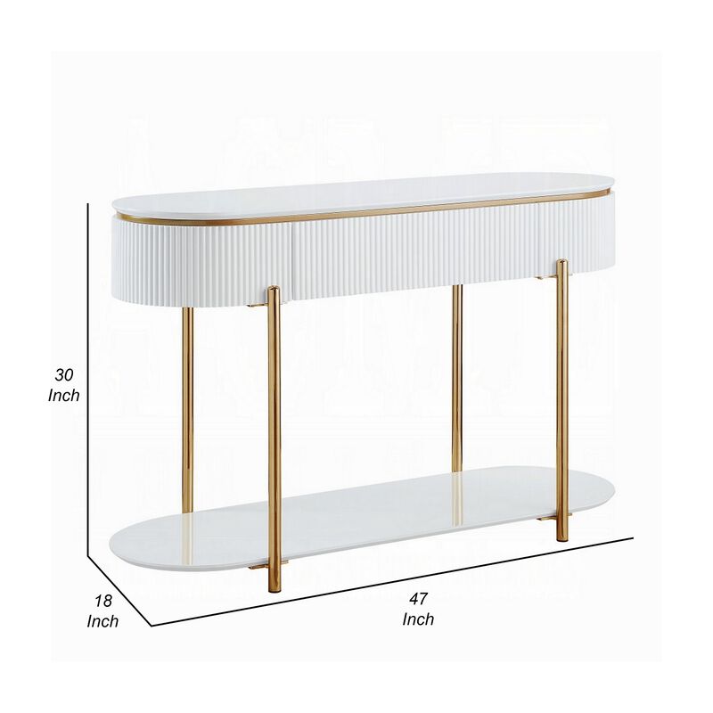 Tyce Sofa Table with Drawer, Shelf, 47 Inch Glossy White, Gold Metal