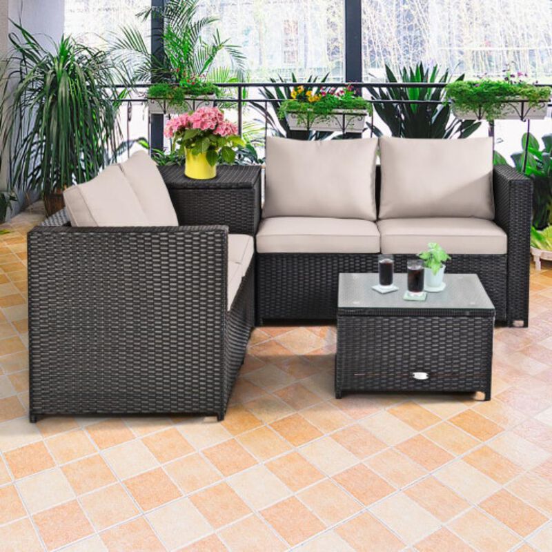 4 Pcs Rattan Patio Furniture Set with Cushions image number 1