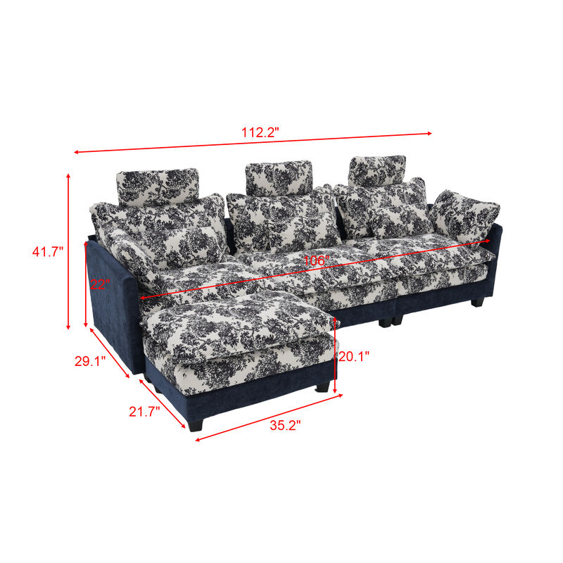 FUFU&GAGA Modern L-Shaped Sofa Set with Ottoman, 3 Lumbar Pillows, 3 Headrests and 2 Throw Pillows, Black & White Floral Fabric, (112.2 in. W x 29.1 in. D x 41.7 in. H), Blue