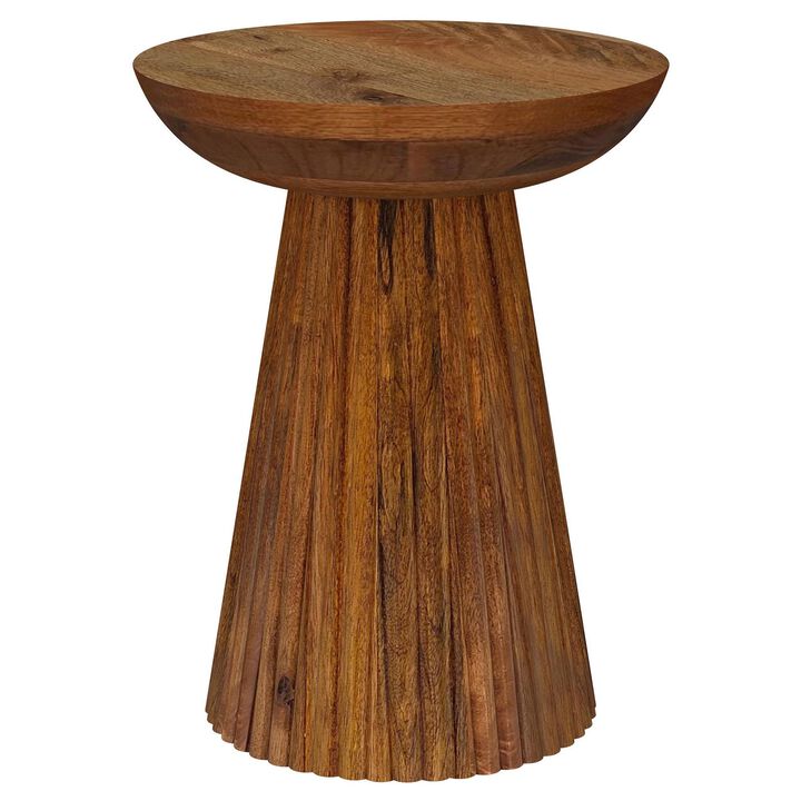 Ureo Round Accent Side Table, Cone Pedestal Base, Brown Mango Wood
