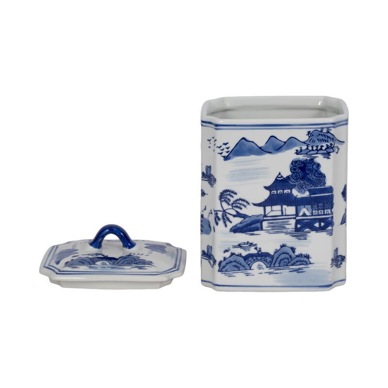 Cer, 8"h Rectangular Jar W/ Lid, Blue image number 3