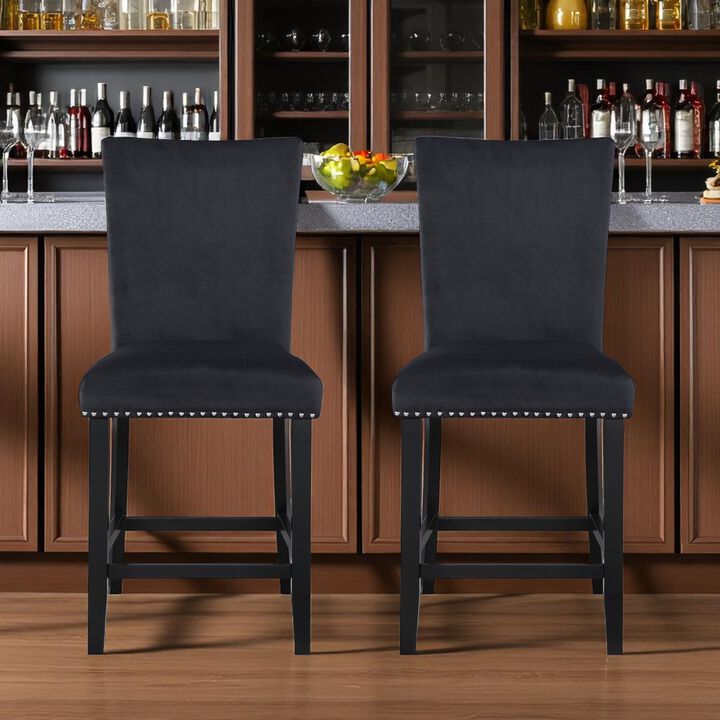 HomeRoots Set of Two 25" Black Wood and Velvet Counter Height Bar Chairs