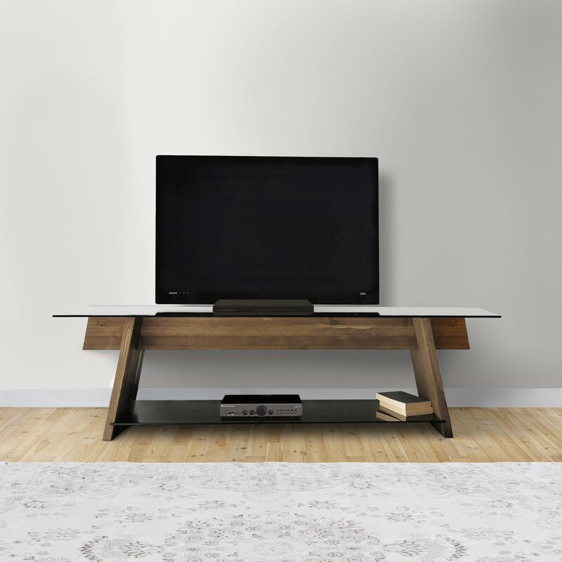 62 Inch Modern Tempered Glass Rectangular Top TV Console Stand, Wood Frame, Glass Bottom Shelf, Black, Brown-Benzara