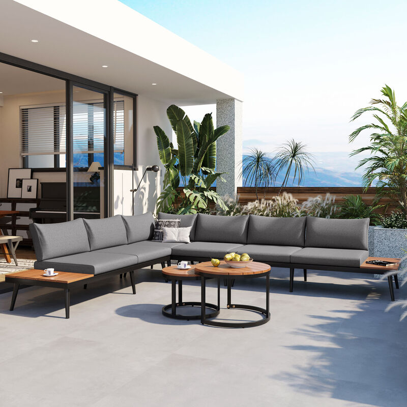 Clihome 6-Piece Outdoor Sectional Sofa Set with Round Nesting Coffee Tables and Seating Sofa with Cushions for Patio image number 1