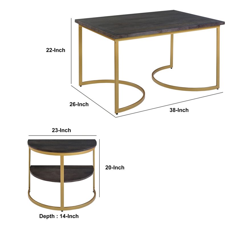 38 Inch Rectangle Metal Nesting Coffee Table - 3 pcs set, Dark Brown, Gold