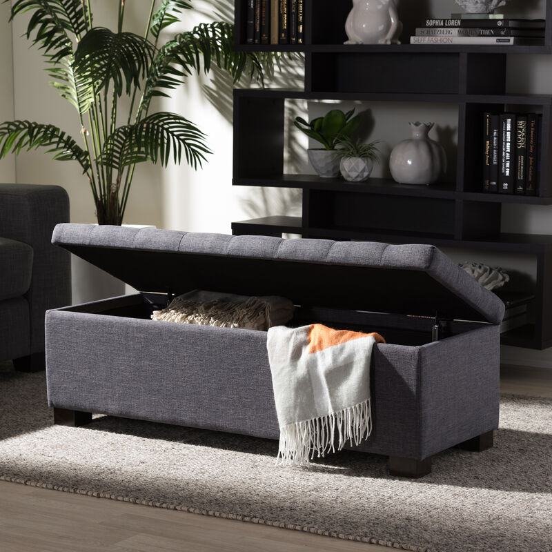 Baxton Studio Roanoke Modern Dark Grey Fabric Upholstered Grid Tufting Storage Ottoman Bench