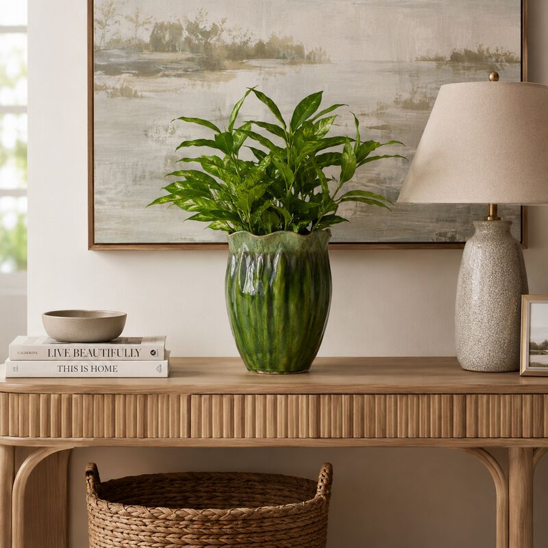 Ashly Decorative Planter with Scalloped Rim, Green Textured Ceramic 11 Inch image number 8