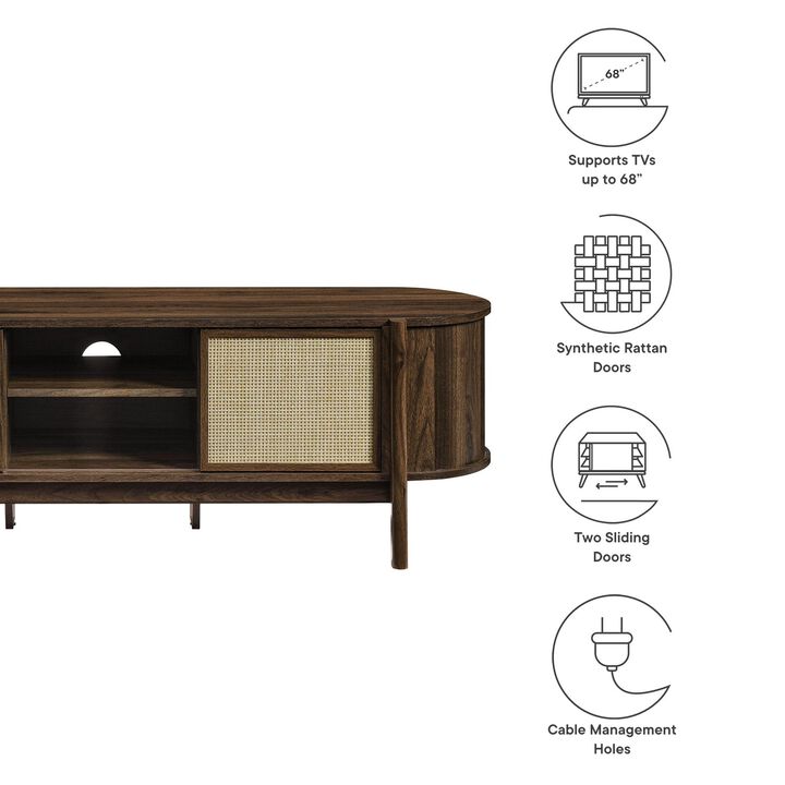 Modway Reid 61 Inch TV Stand in Walnut - Curved Oval Media Console with Rattan Sliding Doors and Open Shelves - Mid-Century Modern Entertainment Center for Flat Screen TVs up to 68&rdquo;