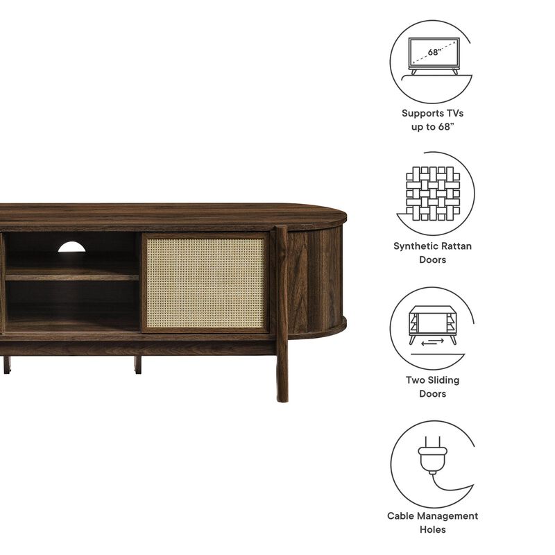 Modway Reid 61 Inch TV Stand in Walnut - Curved Oval Media Console with Rattan Sliding Doors and Open Shelves - Mid-Century Modern Entertainment Center for Flat Screen TVs up to 68&rdquo; image number 1