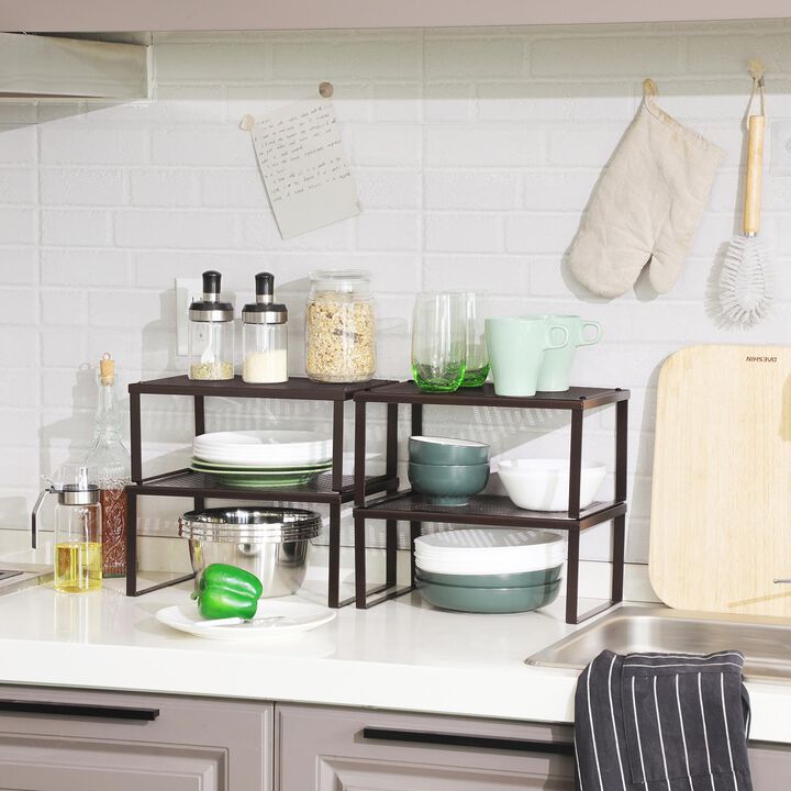 Set of 4 Stackable and Expandable Metal Cabinet Shelf Organizers - Brown Kitchen Counter Shelves