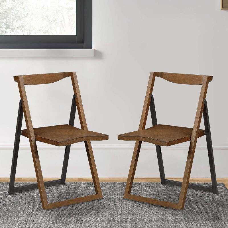 Curved Trim Panel Back Foldable Chair, Set of 2, Brown-Benzara