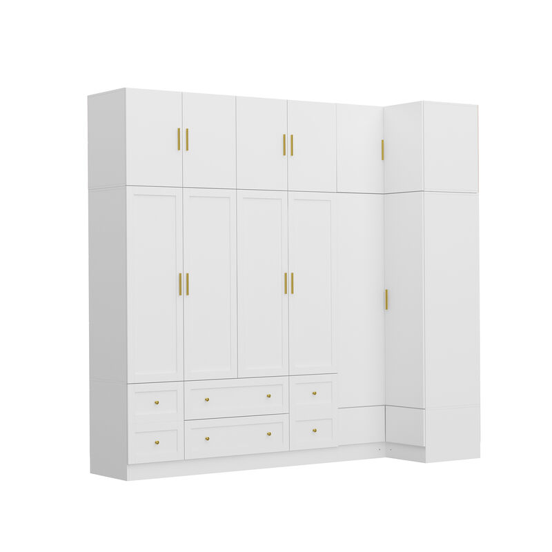 FUFU&GAGA L-Shaped Corner Wardrobe Combination with Large Storage Space, Adjustable Shelves, Hanging Rods, (98.4 in. W x 19.7 in. D x 94.5 in. H), White