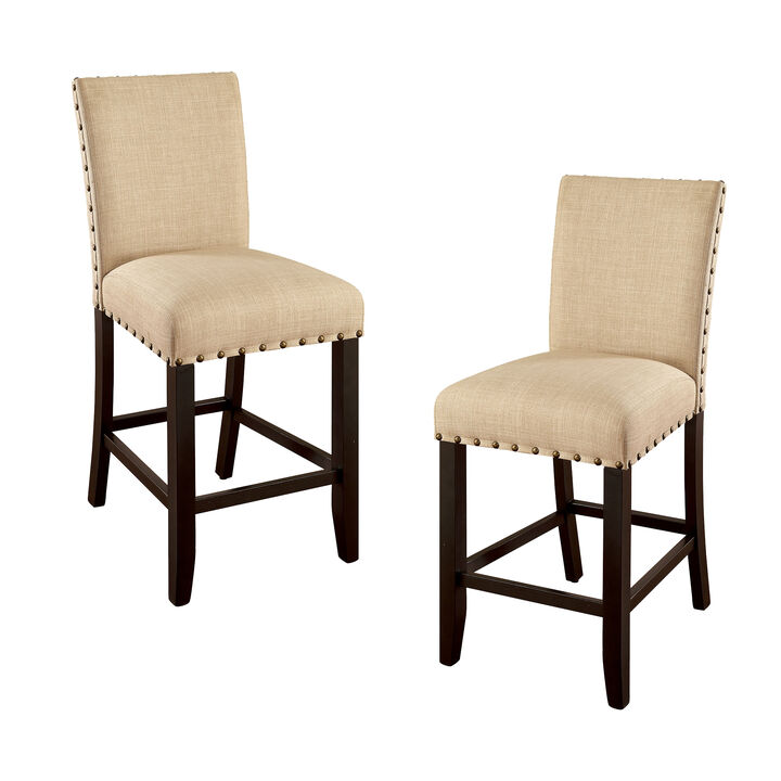 Fabric Upholstered Solid Wood Counter Height Chair with Nail Head Trim, Pack of Two, Beige and Brown