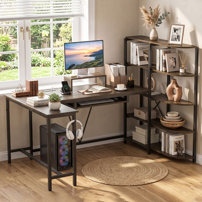U Shaped Computer Desk with 5 Tier Storage Bookshelf and Keyboard Tray image number 1