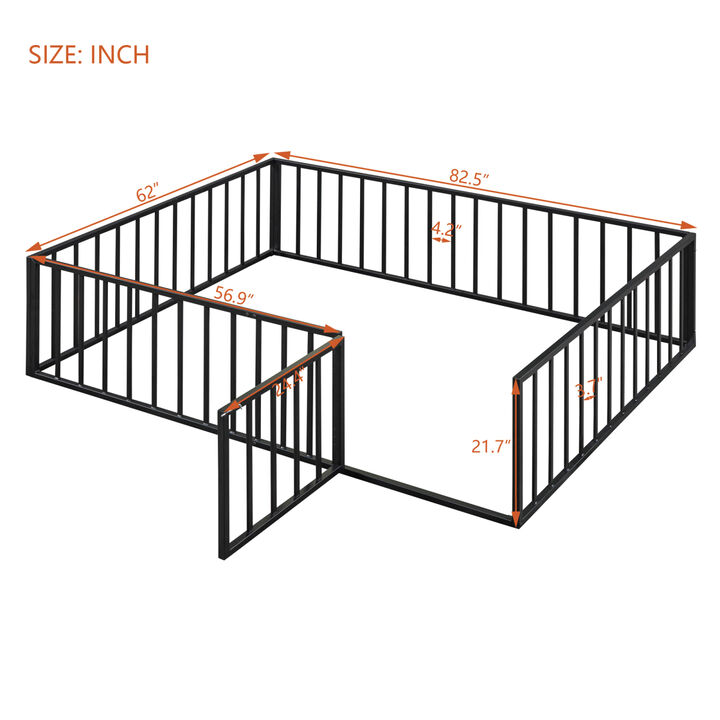 Queen Size Metal Floor Bed Frame with Fence and Door, Black