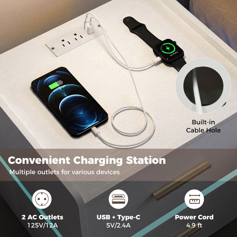 Modern Nightstand with LED Light, Charging Station and 2 Storage Drawers image number 4