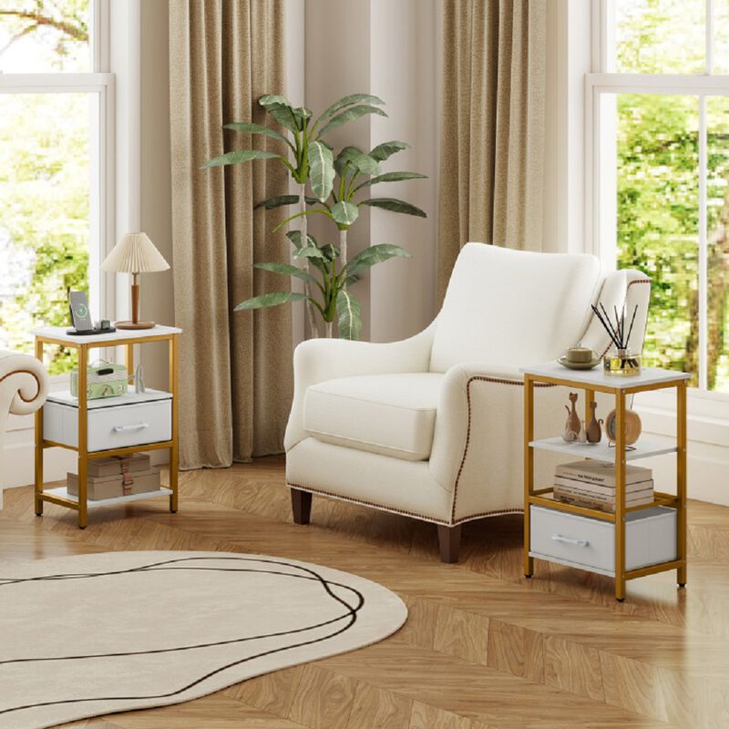 Set of 2 Nightstands with Built in Charging Station and Fabric Drawer for Bedroom-White