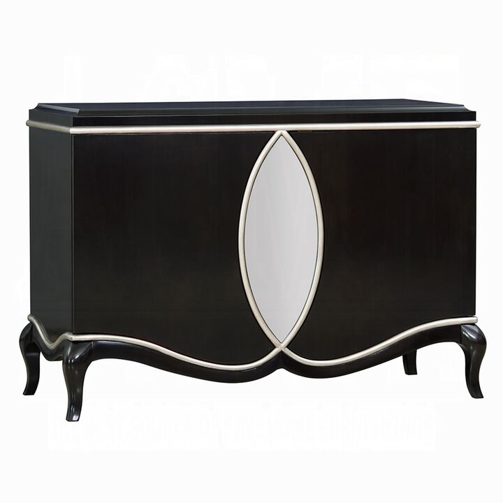 2 Door Cabinet Console, Mirror Trim Inlay, Scalloped Base, Black 50 Inch