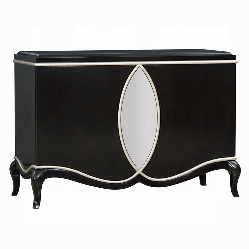 2 Door Cabinet Console, Mirror Trim Inlay, Scalloped Base, Black 50 Inch image number 0