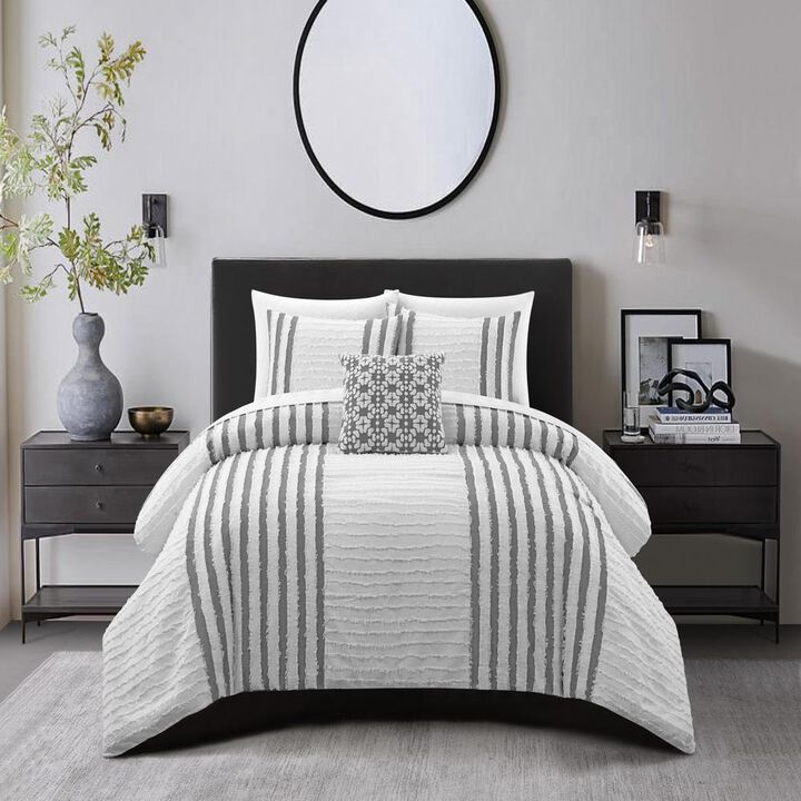 Chic Home Sofia Cotton Comforter Set Clip Jacquard Striped Pattern Design Bedding - Decorative Pillow Shams Included - 4 Piece - King 104x96", Grey