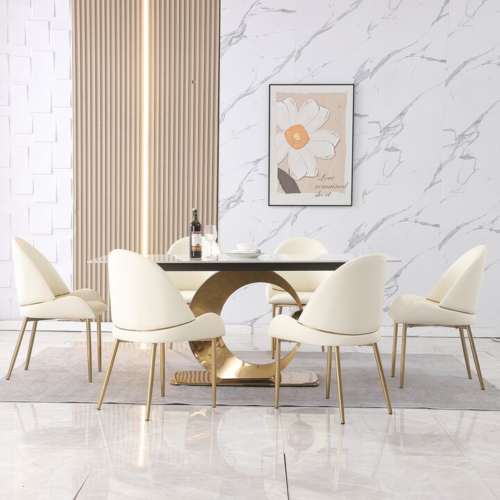 71-Inch Stone Dining Table with Carrara White color and Round special Shaped stainless steel Gold Pedestal Base