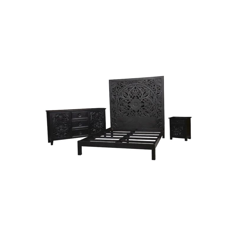 Porter Designs Bali Solid Hand Carved Wood Queen Bed, Black image number 4