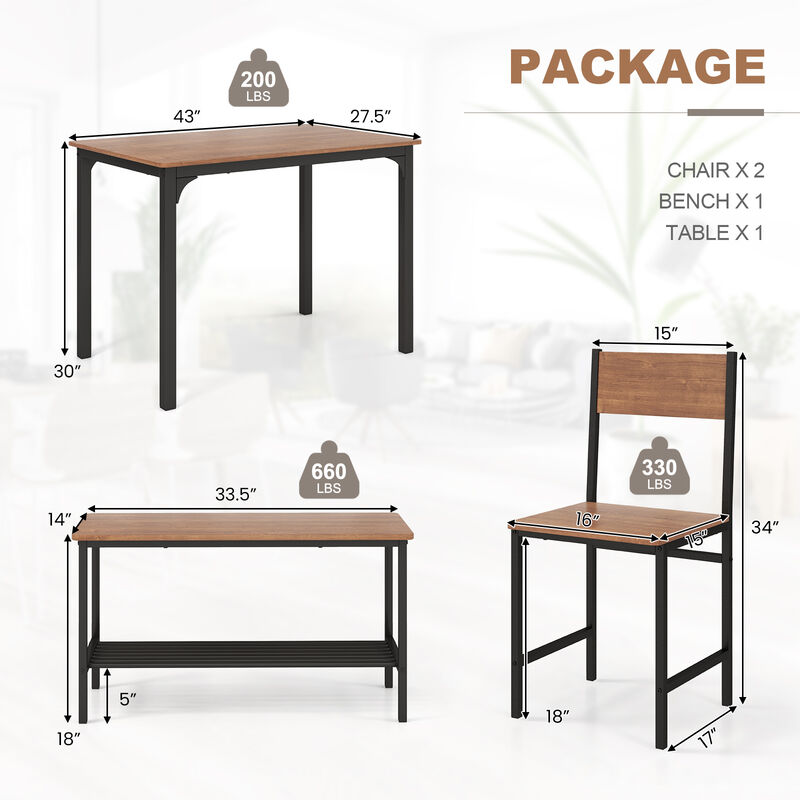 4 Pieces Rustic Dining Table Set with 2 Chairs and Bench