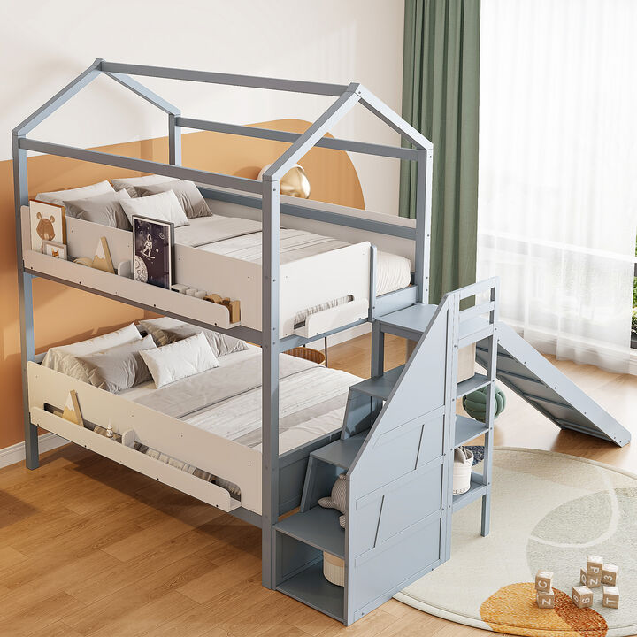 Merax Twin Over Twin/Full House Bunk Bed with Slide & Storage Guardrails