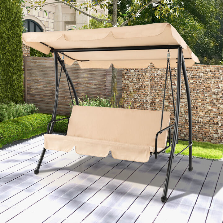 2-Seat Outdoor Convertible Swing Chair with Flat Bed and Adjustable Canopy-Beige
