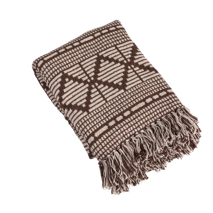 Soft Recycled Cotton Blend Throw with Diamond Pattern, Brown and Beige